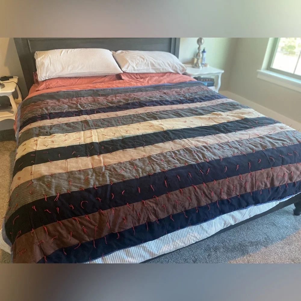 Striped Patchwork Quilt - Multicolor 83”/68” Handmade 70’s